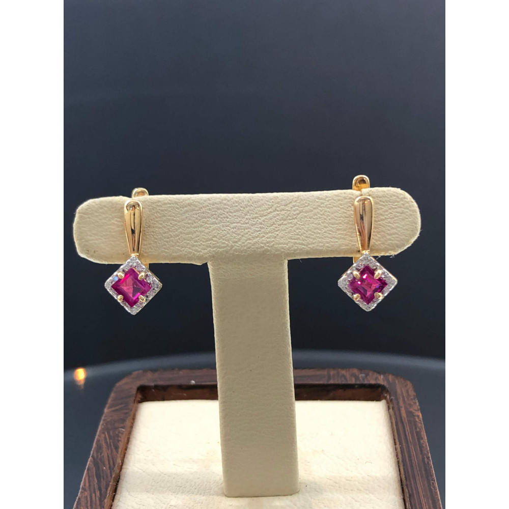 Золотые серьги с английским замком с рубином и бриллиантами 1/56 120