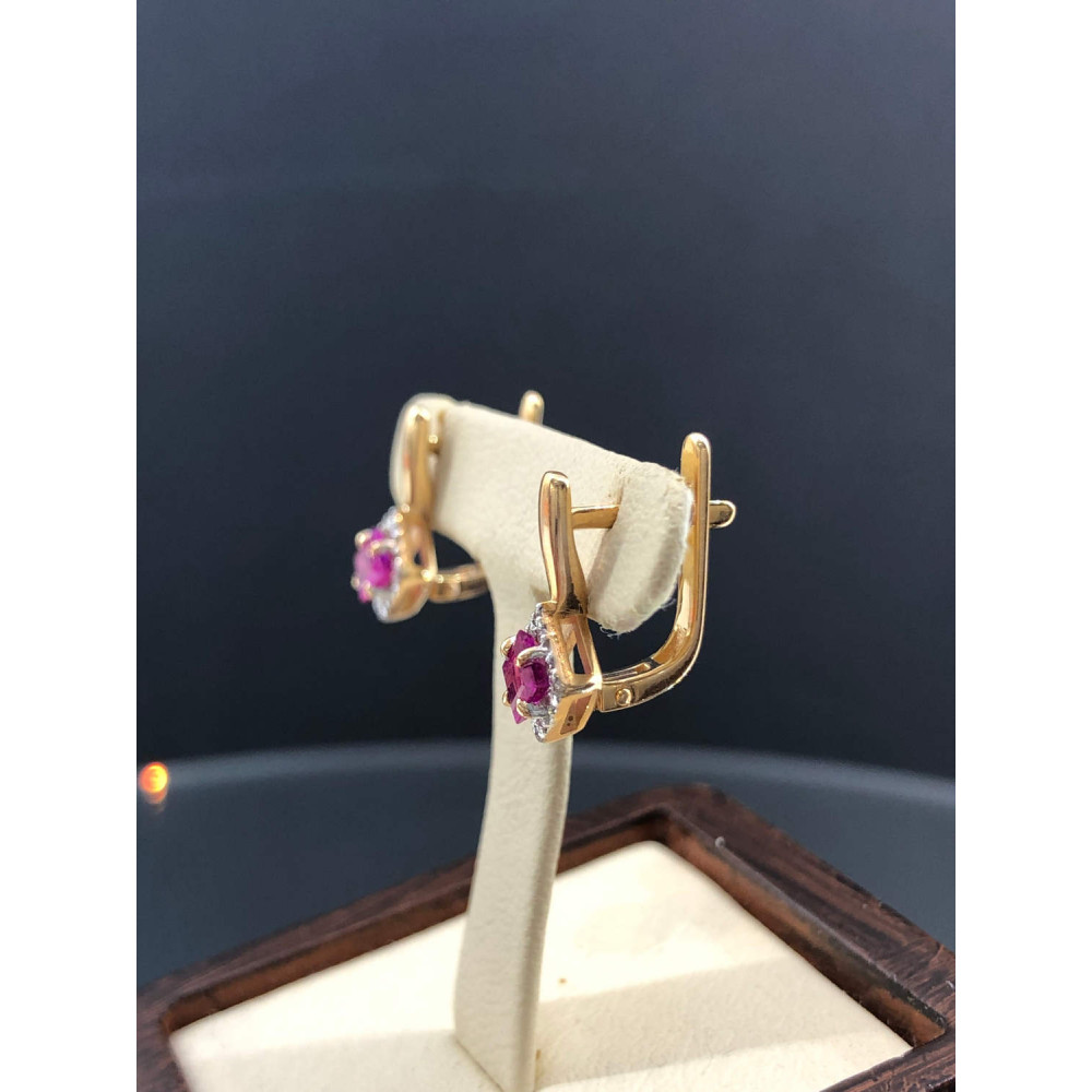 Золотые серьги с английским замком с рубином и бриллиантами 1/56 120